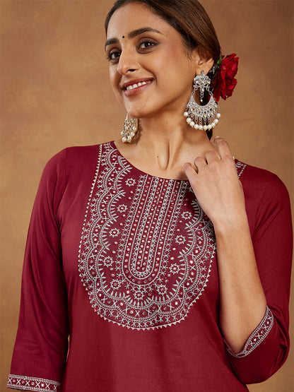 Janasya Women's Maroon Rayon Embroidered Straight Kurta