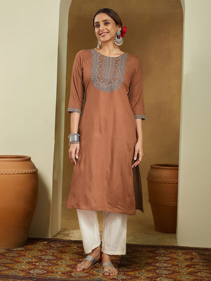 Janasya Women's Brown Rayon Embroidered Straight Kurta