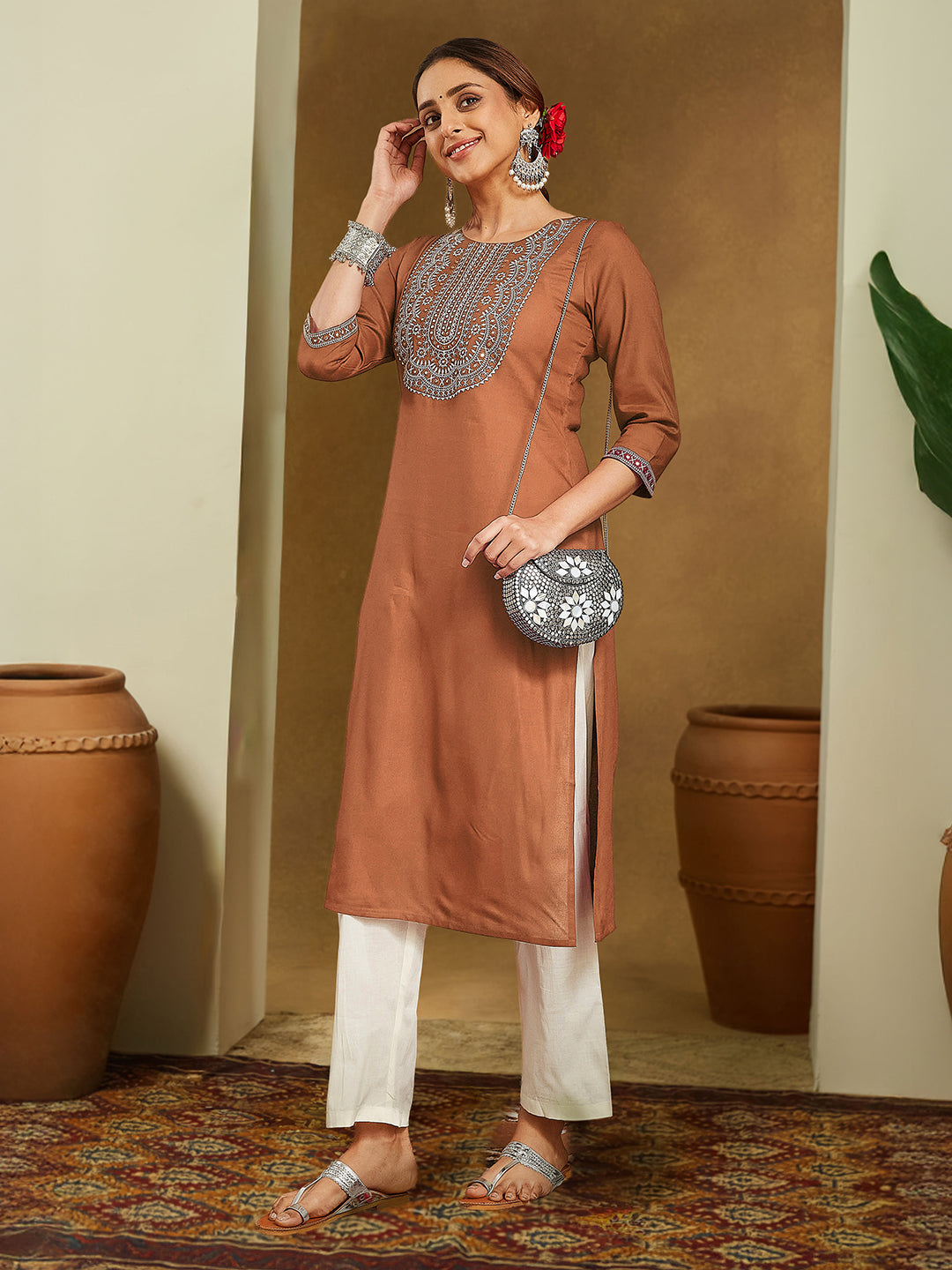 Janasya Women's Brown Rayon Embroidered Straight Kurta