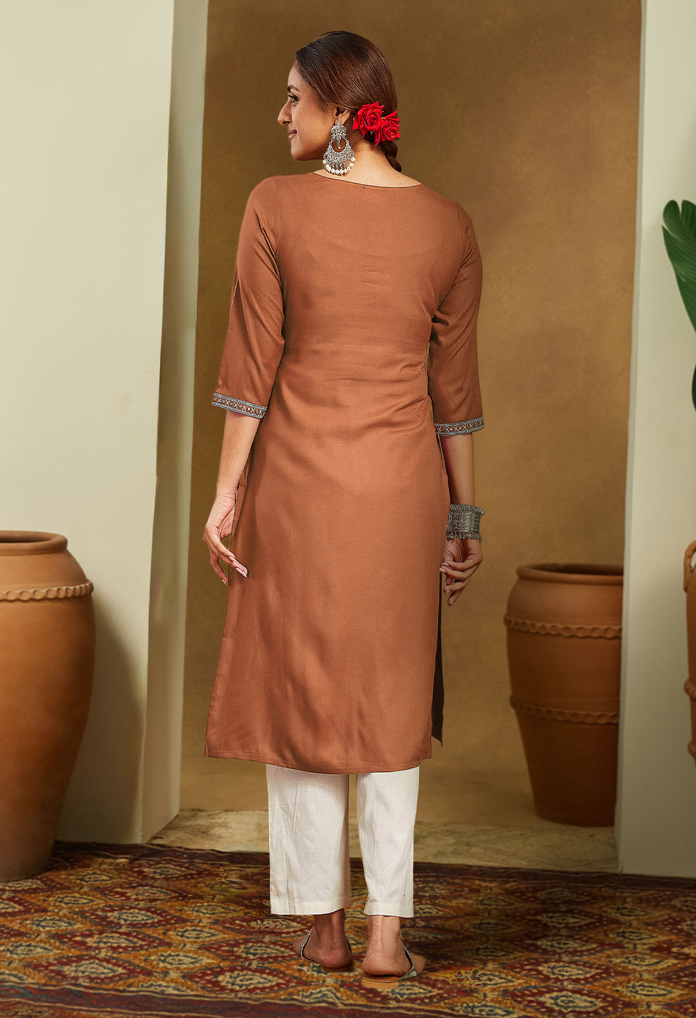 Janasya Women's Brown Rayon Embroidered Straight Kurta