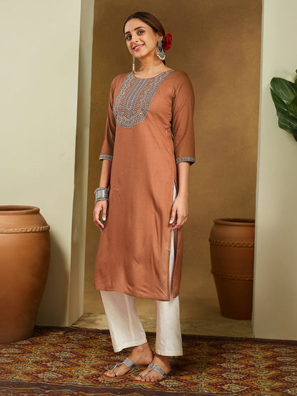 Janasya Women's Brown Rayon Embroidered Straight Kurta