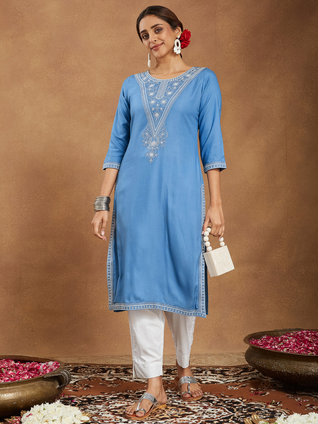 Janasya Women's Sky Blue Rayon Embroidered Straight Kurta