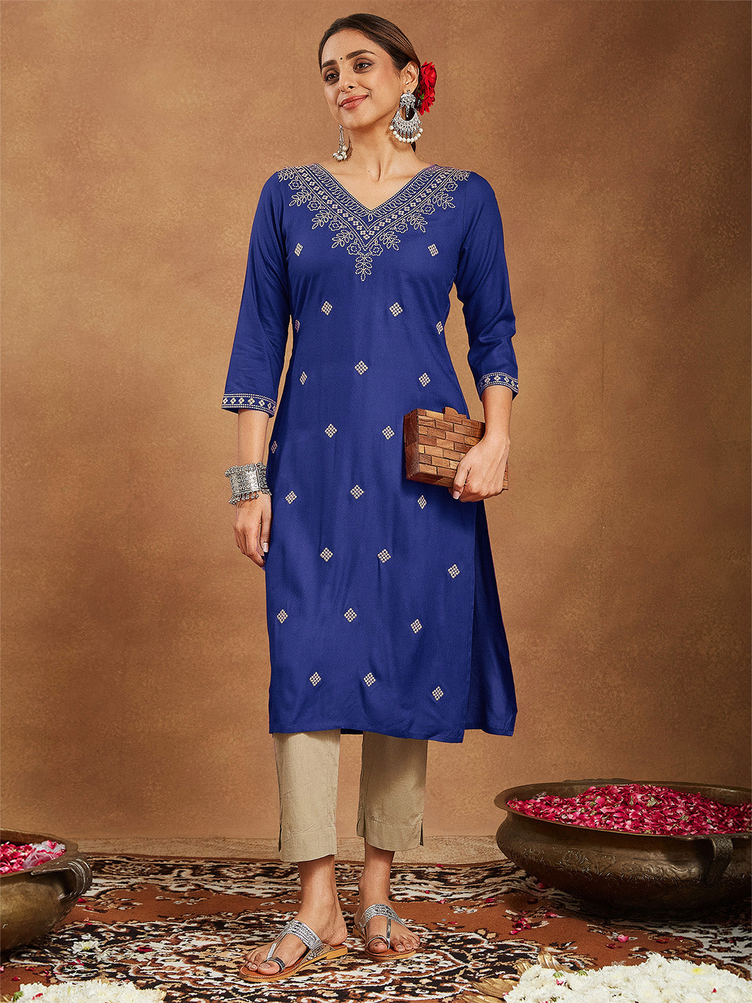 Janasya Women's Navy Blue Rayon Embroidered Straight Kurta