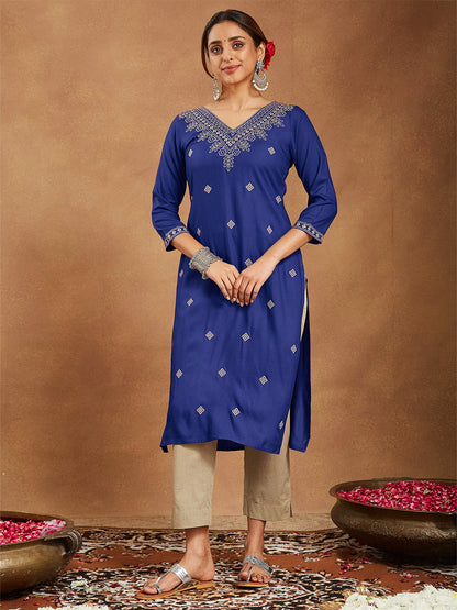 Janasya Women's Navy Blue Rayon Embroidered Straight Kurta