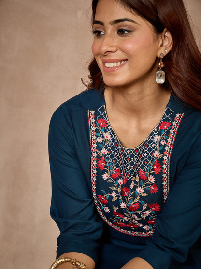 Janasya Women's Teal Blue Rayon Yoke Embroidered Straight Kurta