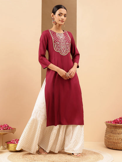 Janasya Women's Wine Royan Yoke Embroidered Straight Kurta