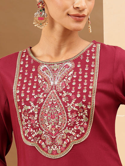 Janasya Women's Wine Royan Yoke Embroidered Straight Kurta