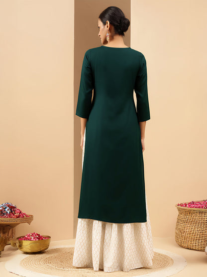 Janasya Women's Teal Green Rayon Yoke Embroidered Straight Kurta