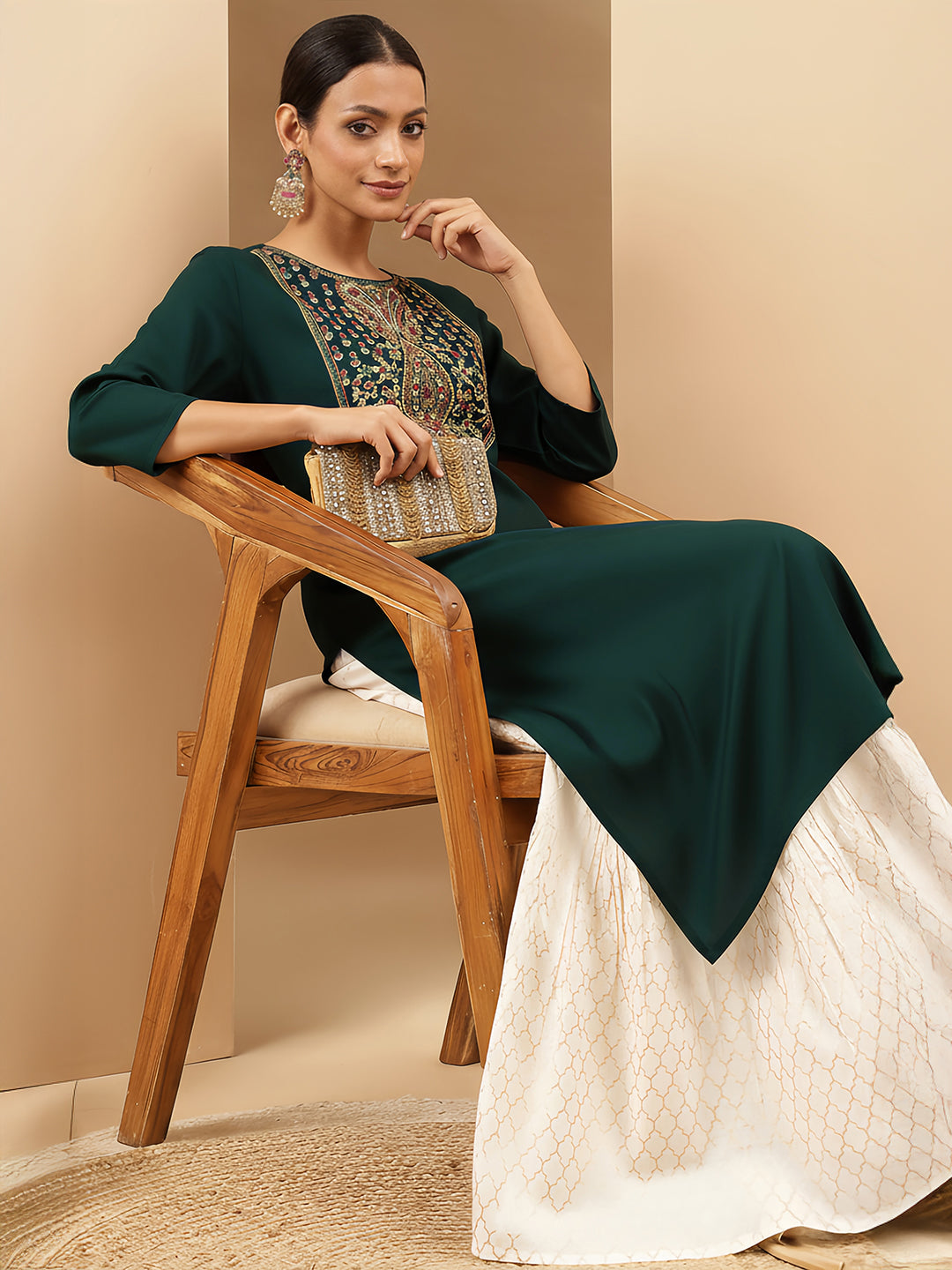 Janasya Women's Teal Green Rayon Yoke Embroidered Straight Kurta