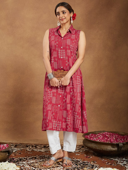 Janasya Women's Red Rayon Geometric Printed A-line Shirt Kurta