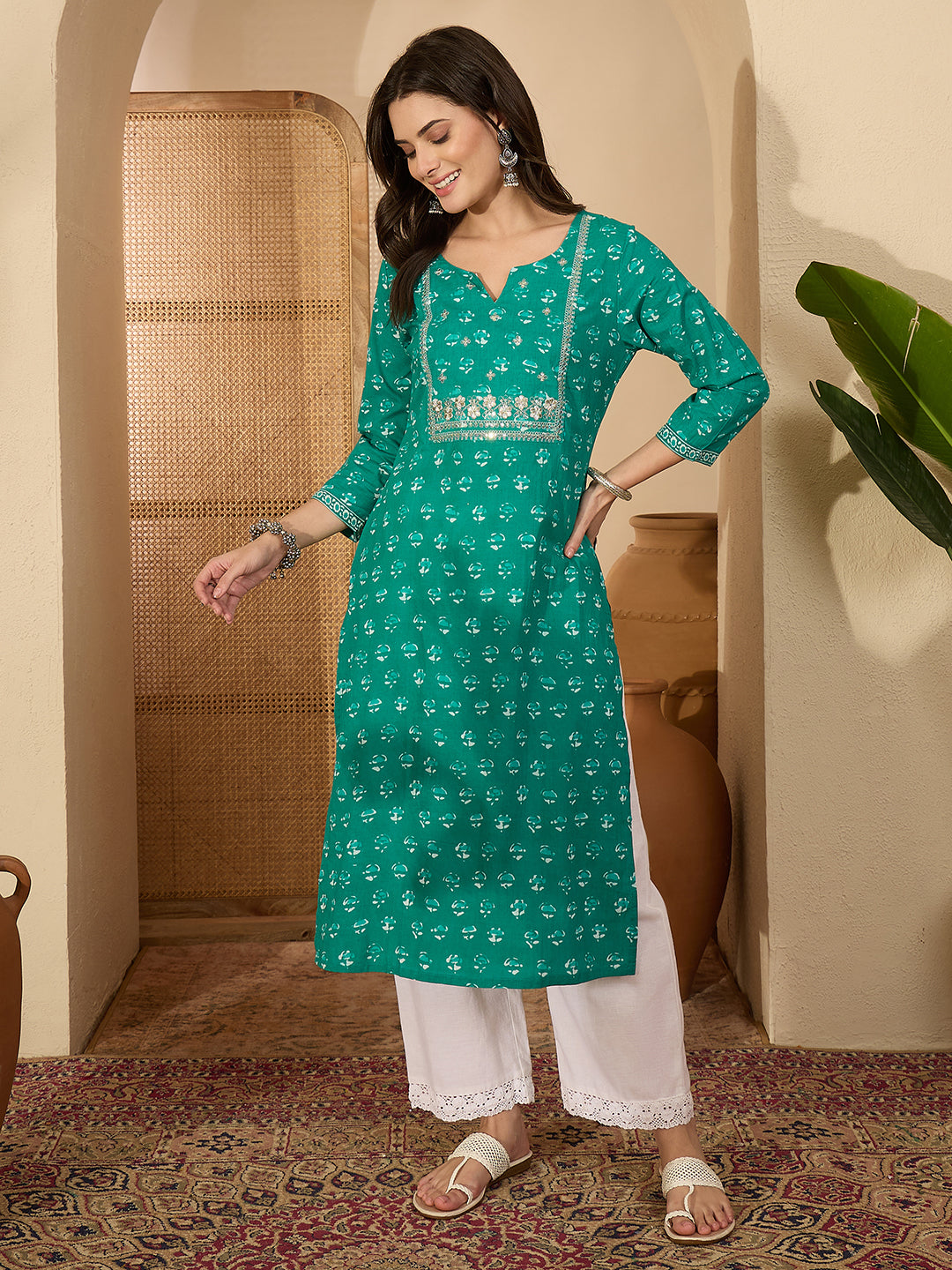 Janasya Women's Aqua Green Pure Cotton Yoke Embroidered Straight Kurta