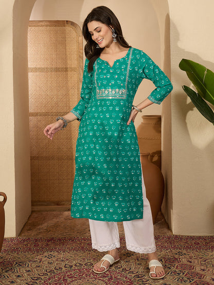 Janasya Women's Aqua Green Pure Cotton Yoke Embroidered Straight Kurta