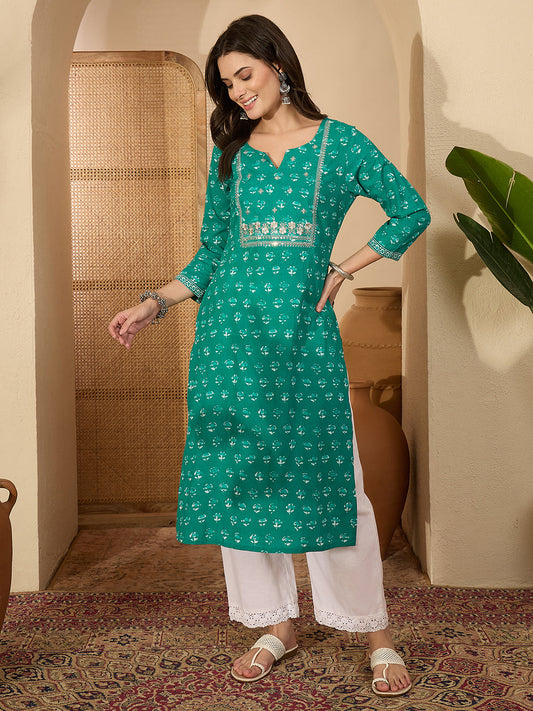 Janasya Women's Aqua Green Pure Cotton Yoke Embroidered Straight Kurta