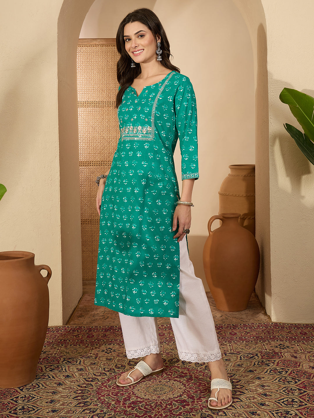 Janasya Women's Aqua Green Pure Cotton Yoke Embroidered Straight Kurta