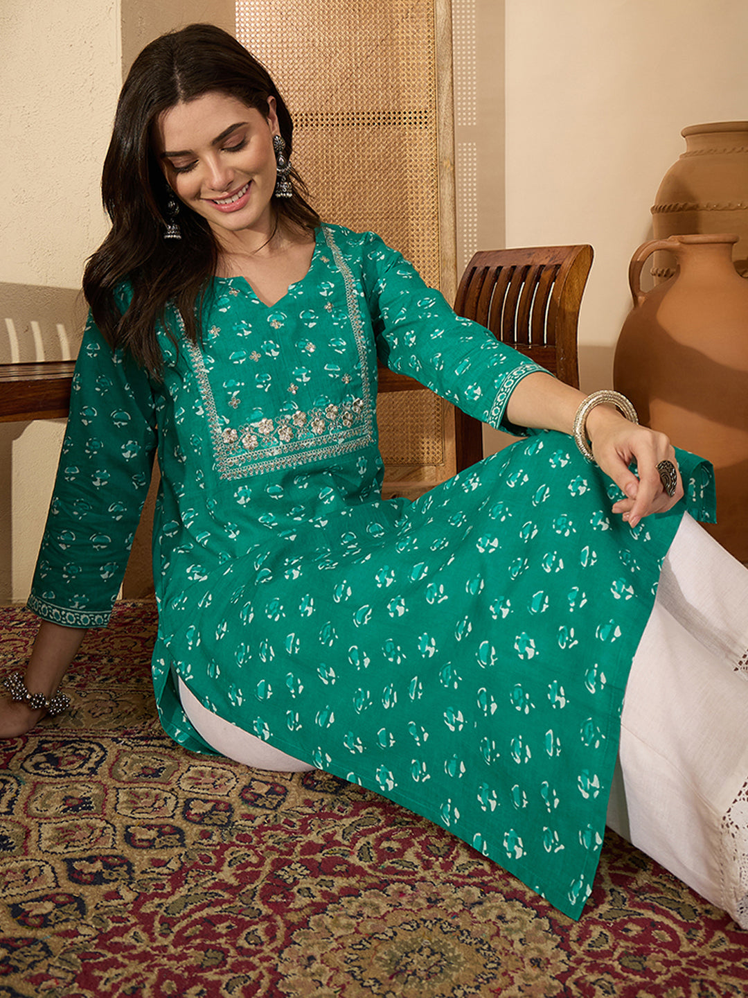 Janasya Women's Aqua Green Pure Cotton Yoke Embroidered Straight Kurta