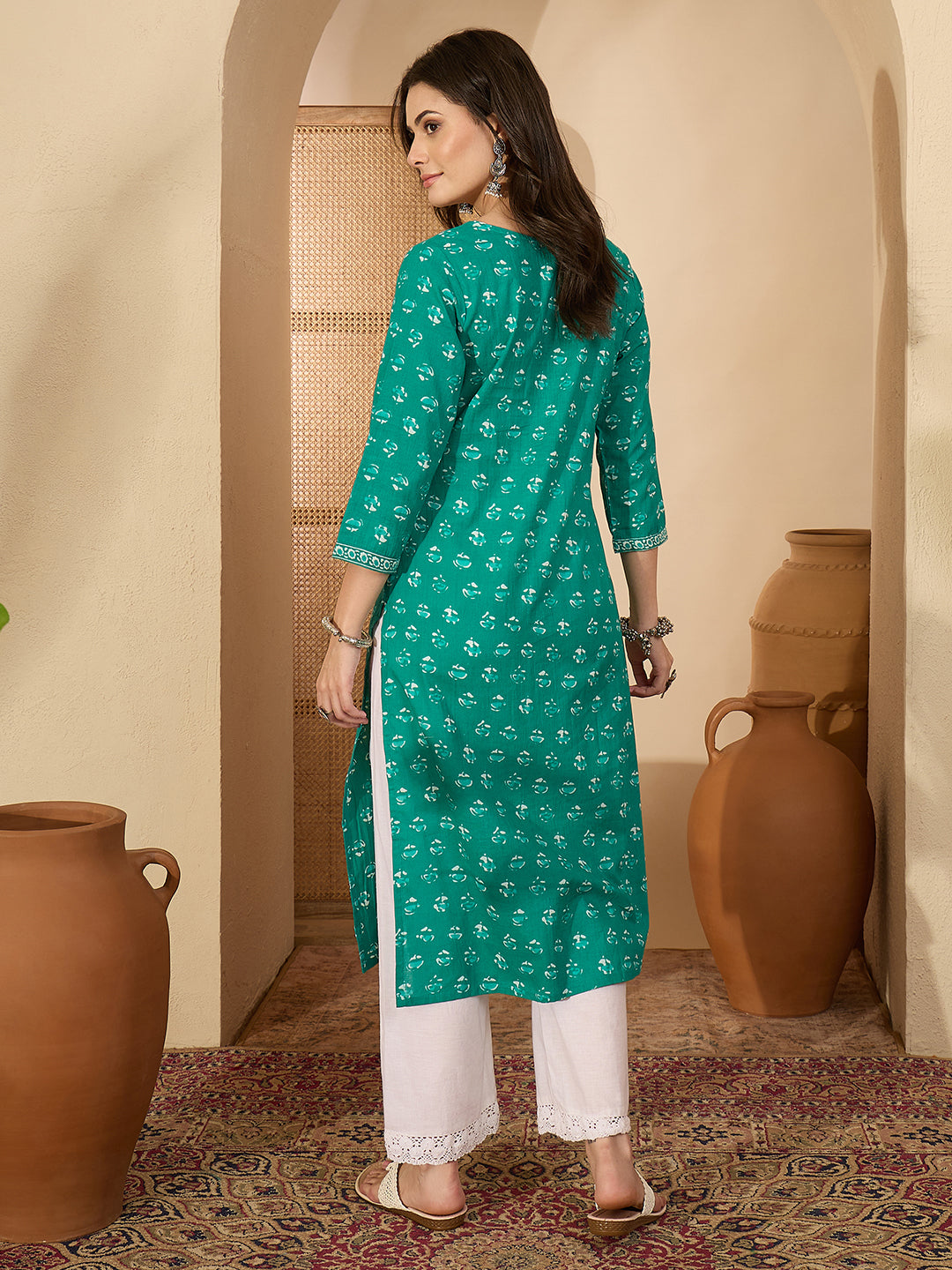 Janasya Women's Aqua Green Pure Cotton Yoke Embroidered Straight Kurta