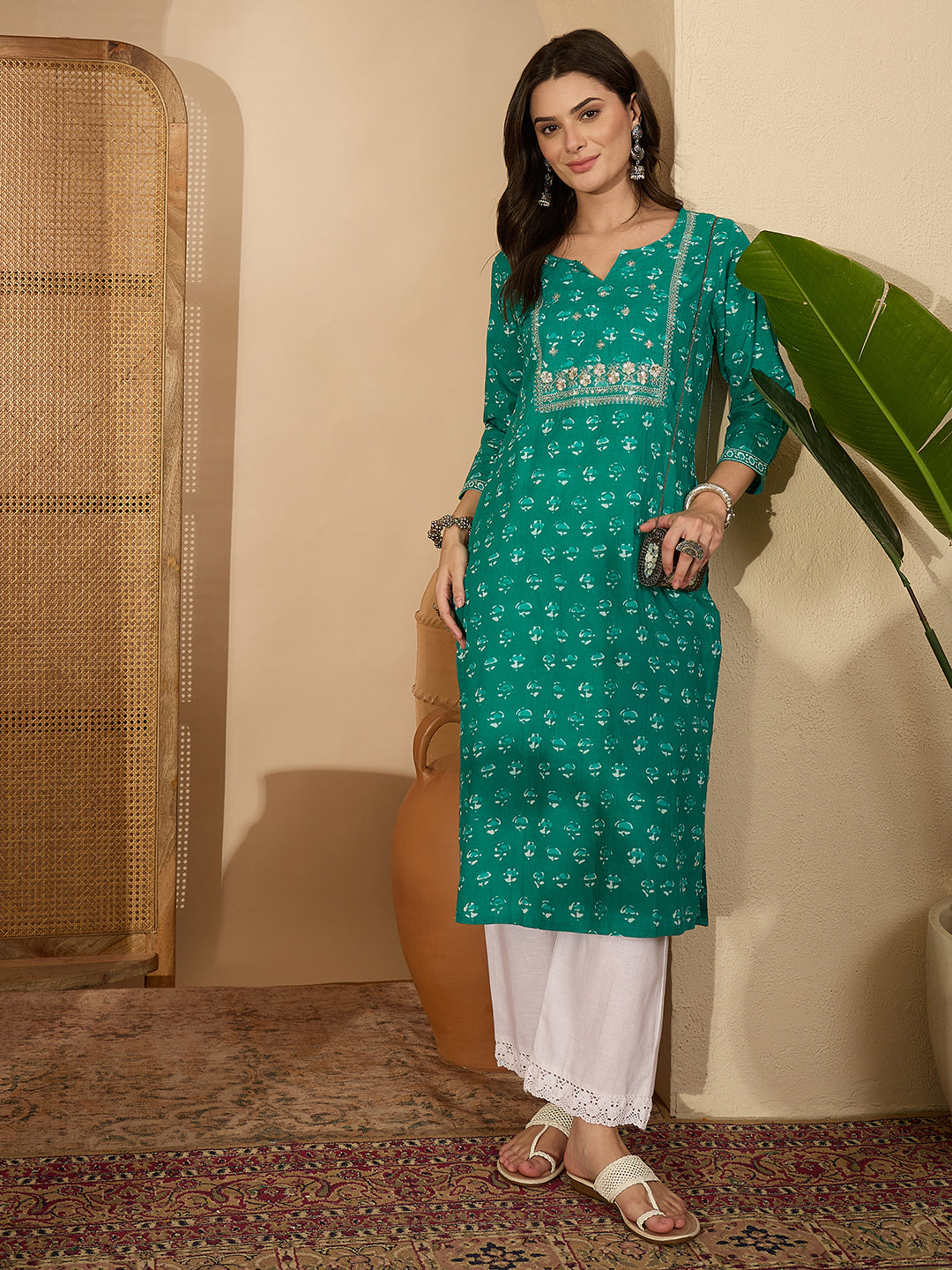 Janasya Women's Aqua Green Pure Cotton Yoke Embroidered Straight Kurta