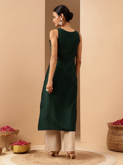 Janasya Women's Dark Green Silk Blend Zari Yoke Embroidered Gold Printed Straight Kurta