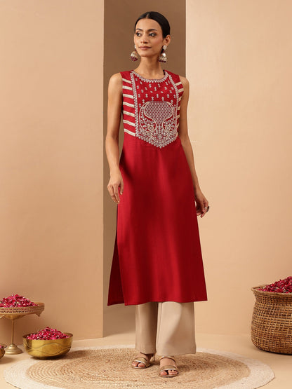 Janasya Women's Red Silk Blend Zari Embroidered Straight Kurta