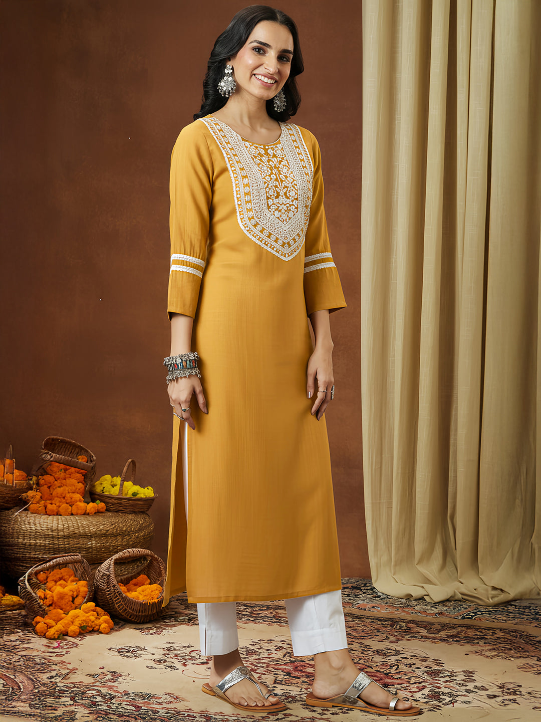 Janasya Women's Mustard Silk Blend Embroidered Straight Kurta