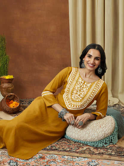 Janasya Women's Mustard Silk Blend Embroidered Straight Kurta