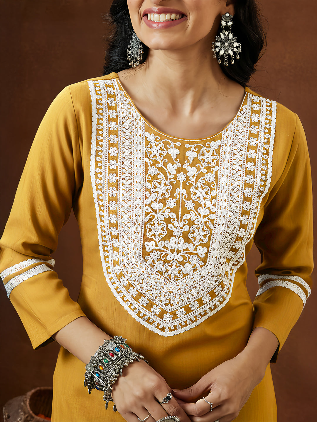 Janasya Women's Mustard Silk Blend Embroidered Straight Kurta