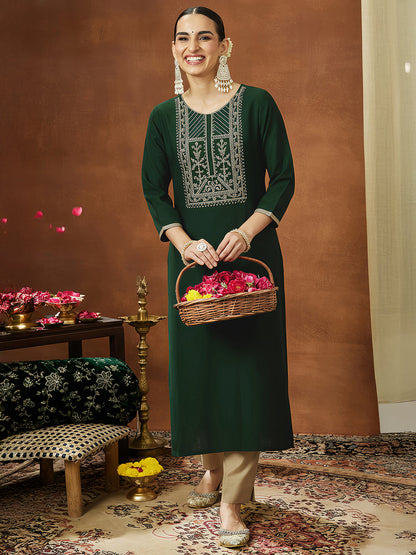 Janasya Women's Bottle Green Chanderi Silk Zari Yoke Embroidered Straight Kurta