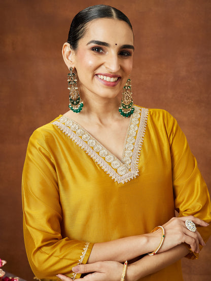 Janasya Women's Mustard Chanderi Silk Embellished Straight Kurta