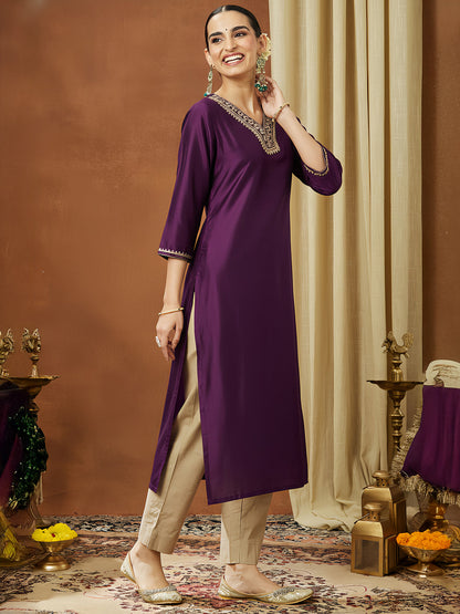 Janasya Women's Wine Chanderi Silk Embellished Straight Kurta