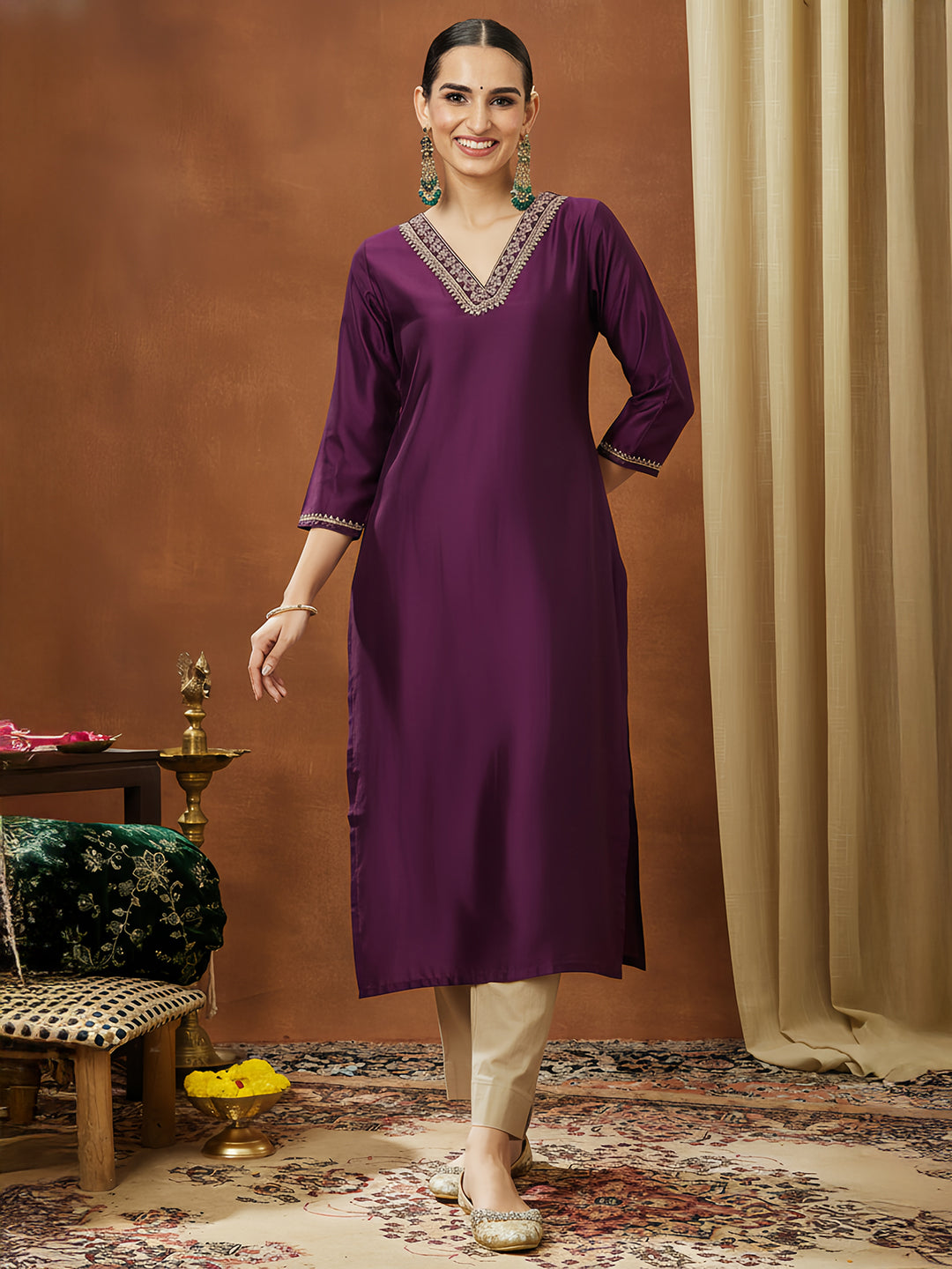 Janasya Women's Wine Chanderi Silk Embellished Straight Kurta