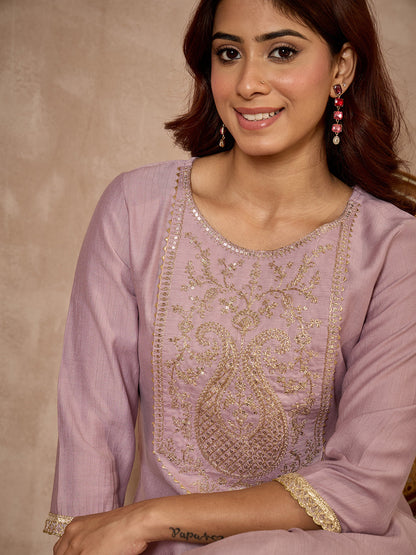 Janasya Women's Lavender Silk Blend Yoke Embroidered Straight Kurta