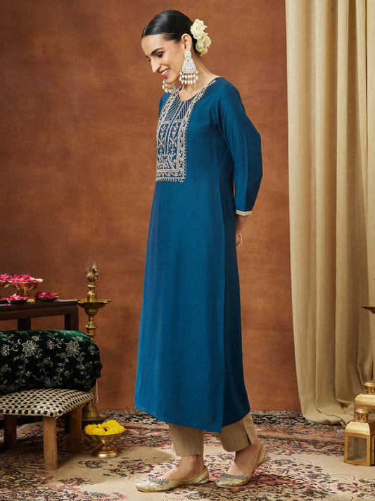 Janasya Women's Teal Blue Chanderi Silk Zari Yoke Embroidery Straight Kurta