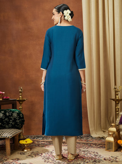 Janasya Women's Teal Blue Chanderi Silk Zari Yoke Embroidery Straight Kurta