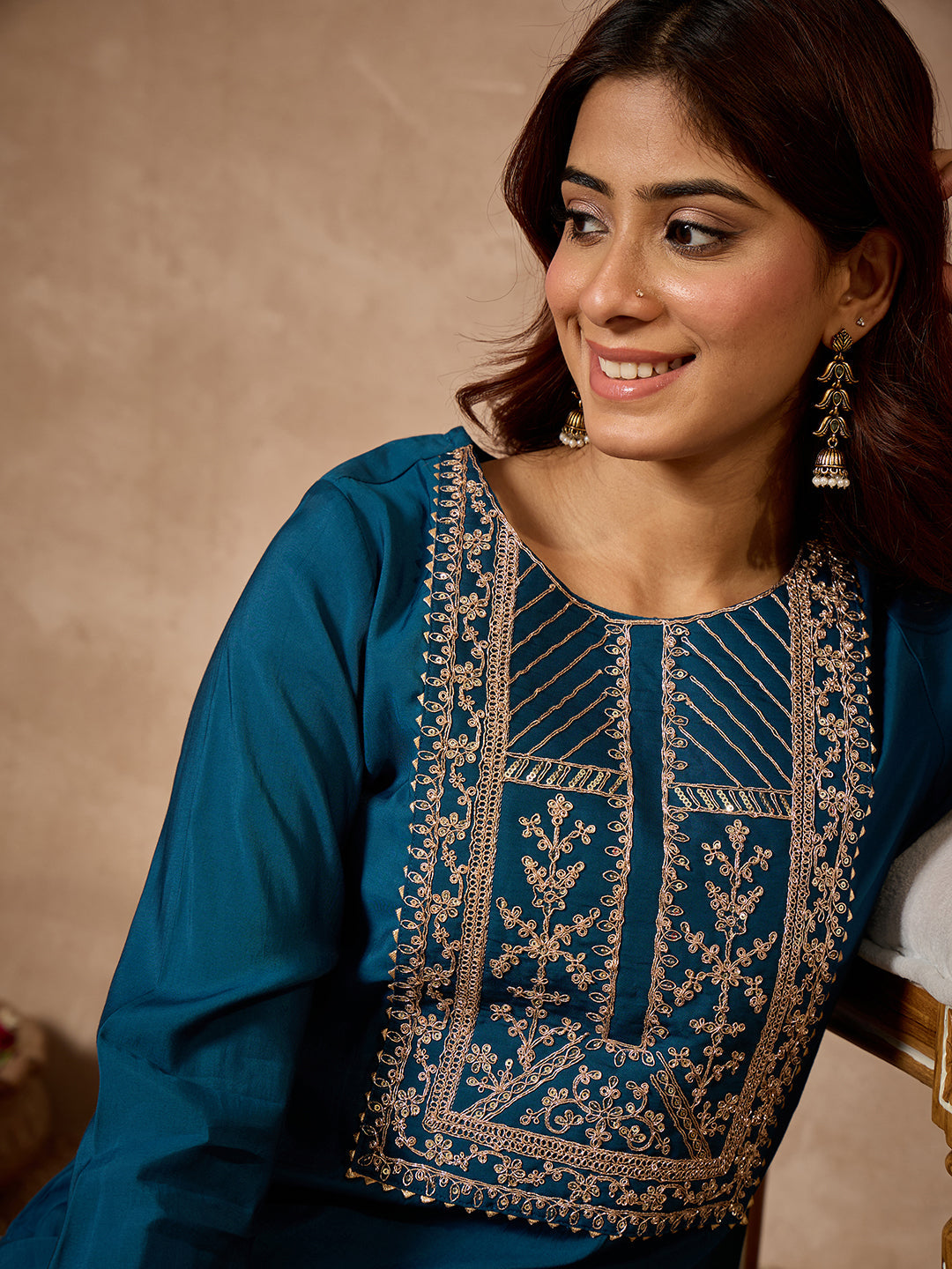 Janasya Women's Teal Blue Chanderi Silk Zari Yoke Embroidery Straight Kurta
