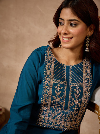 Janasya Women's Teal Blue Chanderi Silk Zari Yoke Embroidery Straight Kurta