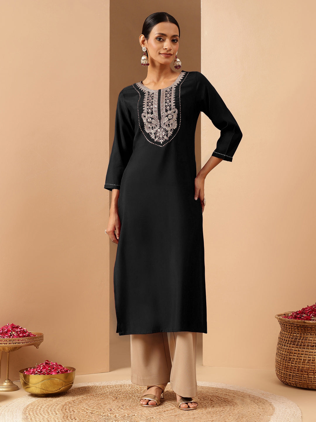 Janasya Women's Black Chanderi Silk Yoke Embroidered Straight Kurta