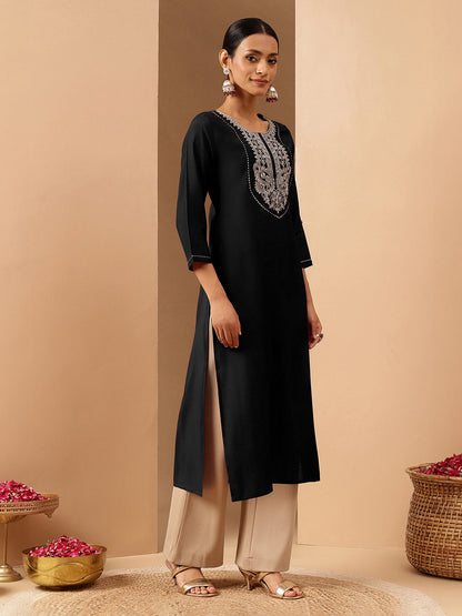 Janasya Women's Black Chanderi Silk Yoke Embroidered Straight Kurta