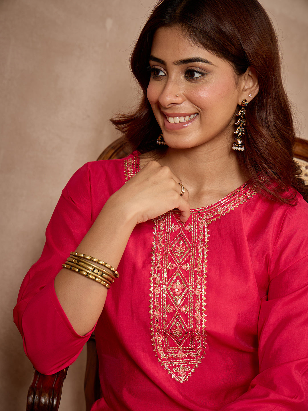 Janasya Women's Pink Chanderi Silk Yoke Embroidery Straight Kurta