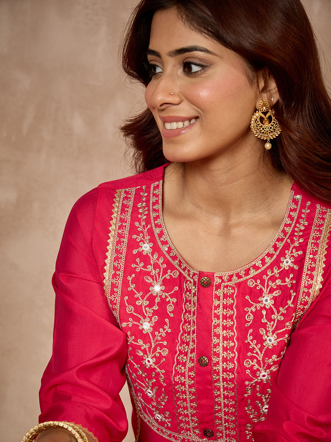 Janasya Women's Pink Chanderi Silk Zari Yoke Embroidered Straight Kurta