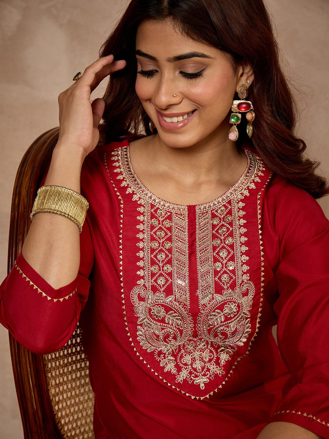 Janasya Women's Maroon Chanderi Silk Yoke Embroidered Straight Kurta.