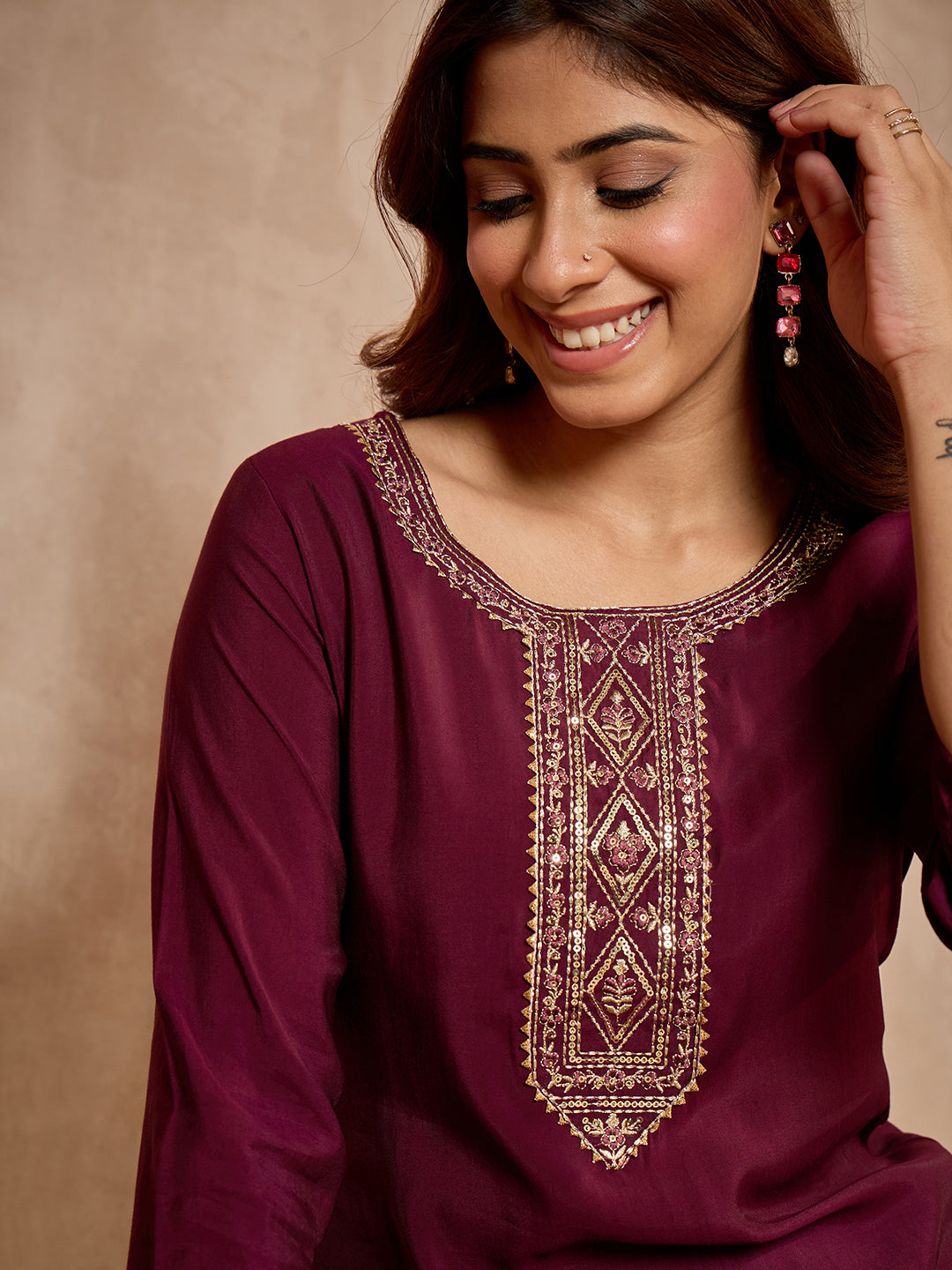 Janasya Women's Wine Chanderi Silk Zari Yoke Embroidered Straight Kurta