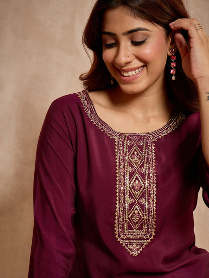 Janasya Women's Wine Chanderi Silk Zari Yoke Embroidered Straight Kurta