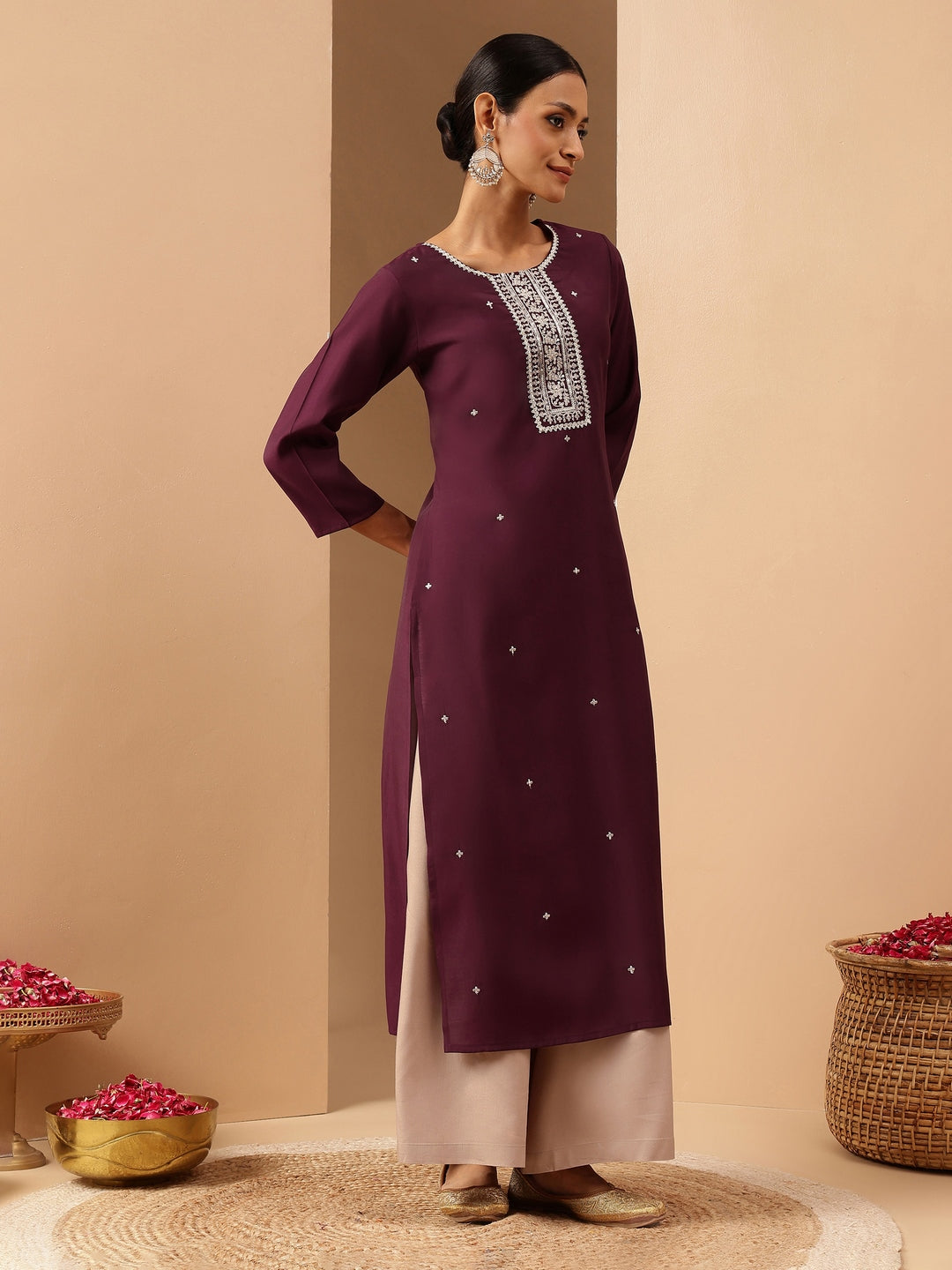 Janasya Women's Wine Chanderi Silk Embroidered Straight Kurta