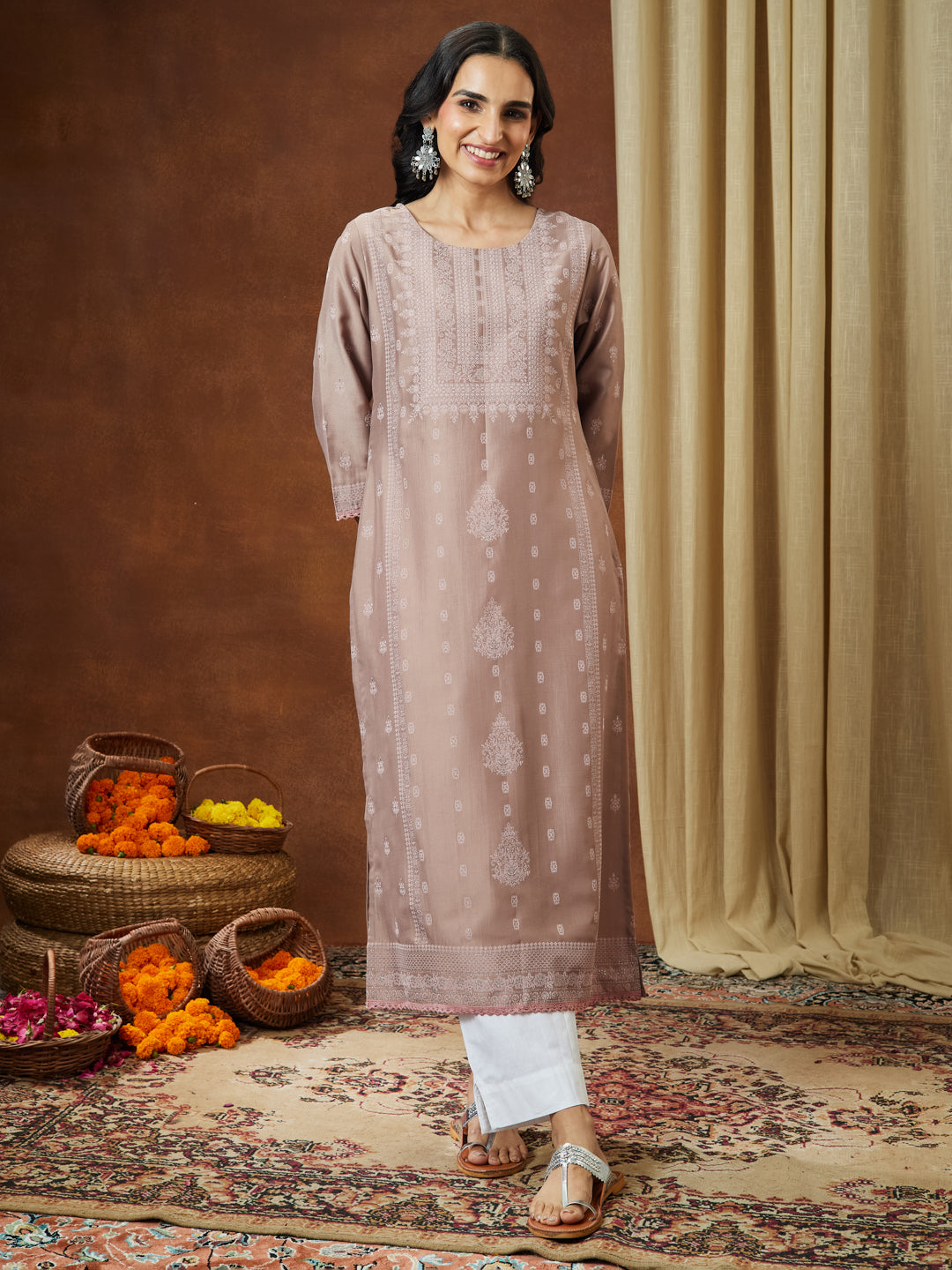 Janasya Women's Brown Silk Blend Ethnic Printed Straight Kurta Set