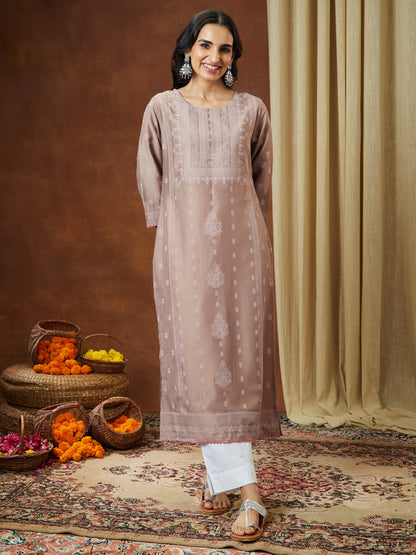 Janasya Women's Brown Silk Blend Ethnic Printed Straight Kurta Set