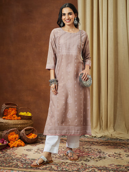 Janasya Women's Brown Silk Blend Ethnic Printed Straight Kurta Set