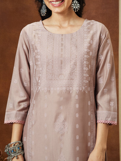 Janasya Women's Brown Silk Blend Ethnic Printed Straight Kurta Set