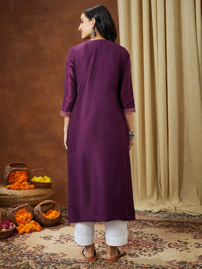 Janasya Women's Wine Silk Blend Ethnic Printed Straight Kurta