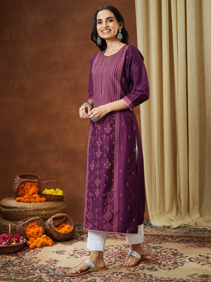 Janasya Women's Wine Silk Blend Ethnic Printed Straight Kurta