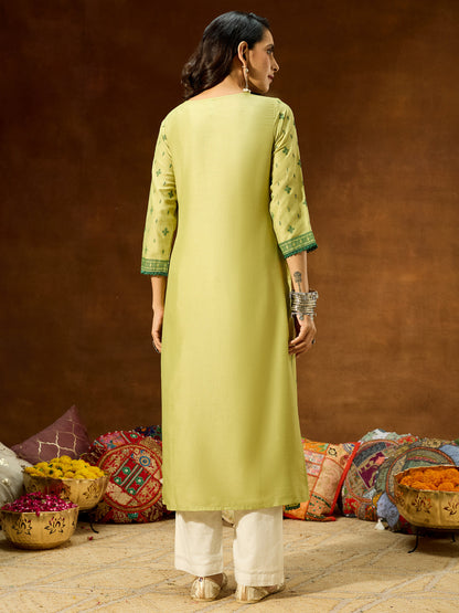 Janasya Women's Lime Green Silk Blend Ethnic Printed Straight Kurta
